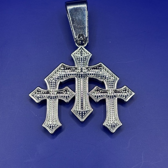 Silver tone Big iced out triple cross pendant 3A CZ rapper jewelry no chain - Picture 2 of 3